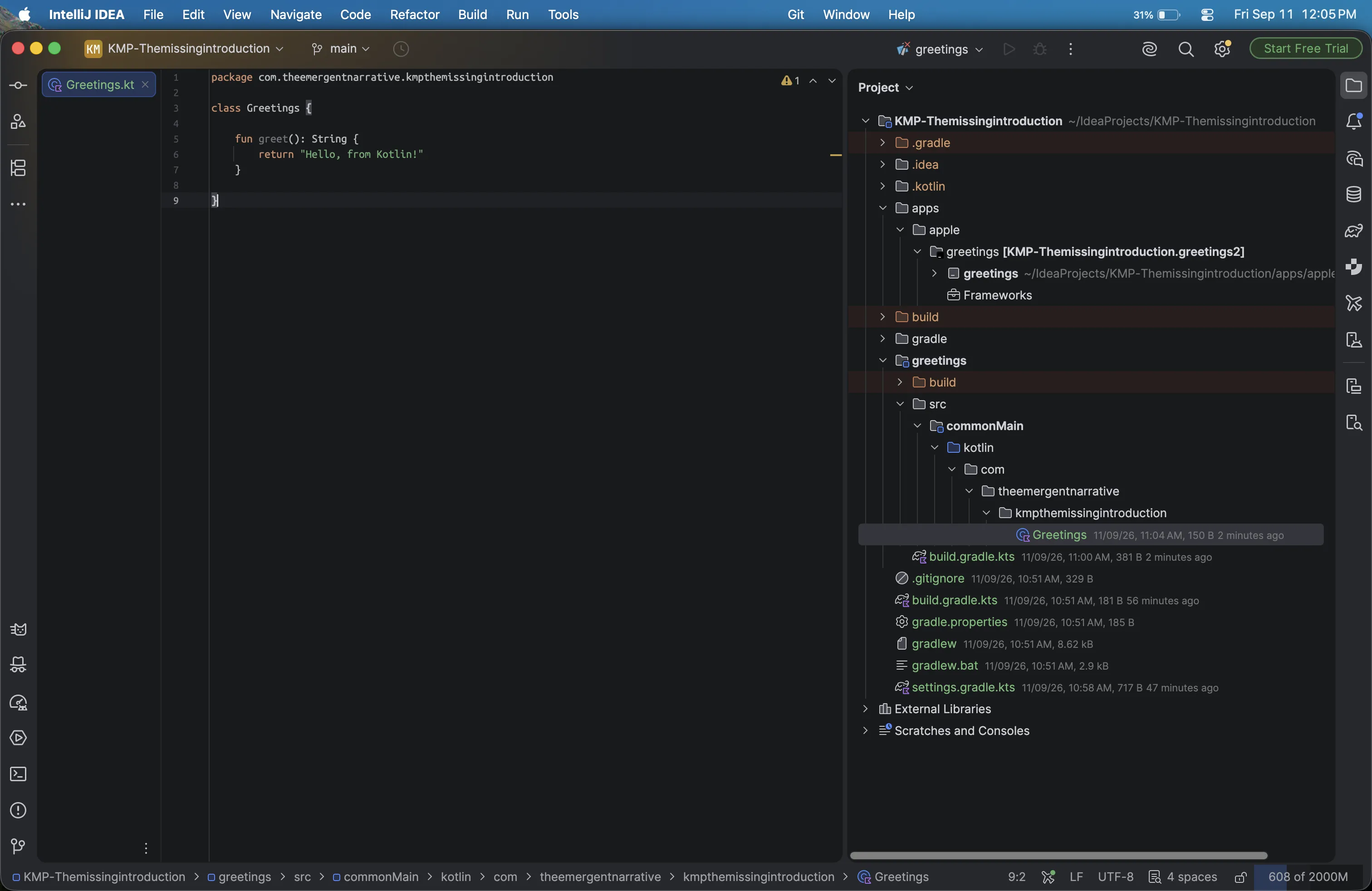 IntelliJ IDEA showing the library module and the Xcode app side by side in one project
